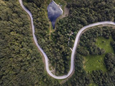 Dağ sırasındaki ormanlar arasındaki kıvrımlarla yol üzerindeki tepeden aşağı hava manzarası - Drone fotoğraf ormanı ve asfalt yol seyahati kavramı - Sırbistan 'daki Stara Planina Eski Dağ rotası