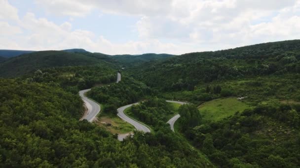 塞尔维亚Tresibaba Knjazevac在巴尔干之行概念中拍摄的夏季或秋季森林白天用蛇纹石槽拍摄的弯曲山路沥青空中俯瞰图像 — 图库视频影像