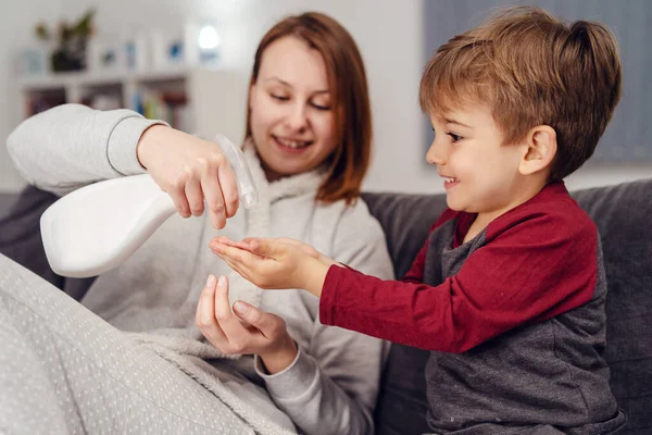 Portrait Small Caucasian Boy Male Child Kid Sitting Sofa Bed — Stock Photo, Image