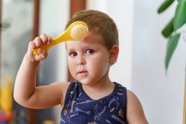 Portrait Small Caucasian Boy Holding Hair Brush Home Little Child — Stock Photo, Image