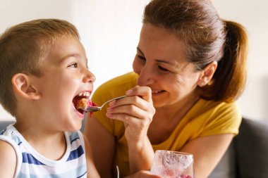 Anne ve yakında evde beslenen beyaz bir kadın kanepeye oturmuş küçük bir çocuğu çöl ile besliyor - yakın plan - ev hayatı neşesi ve çocukluk kavramını bağlayan gerçek insanlar