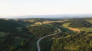  Dağ sırasındaki dağ yolunda yukarıdan bakıldığında yeşil çimenler ve etraftaki ağaçlar arasında hava manzarası - Sırbistan 'ın Tresibaba kentindeki hava aracı videosu güneşli yaz günü veya akşam saatlerinde Sırbistan' da