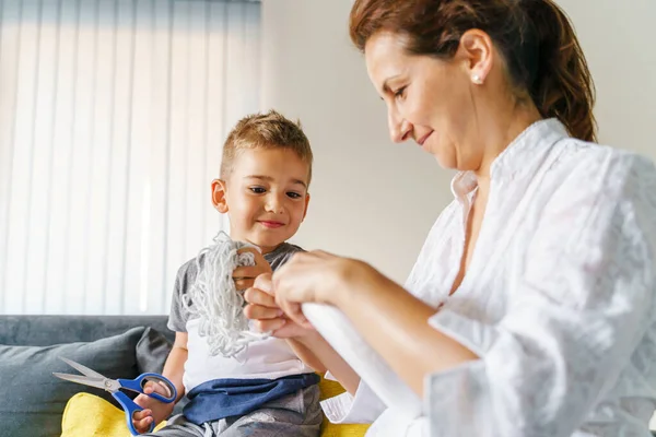 Small Caucasian Boy Having Fun His Mother Making Homemade Decoration — Stock Photo, Image