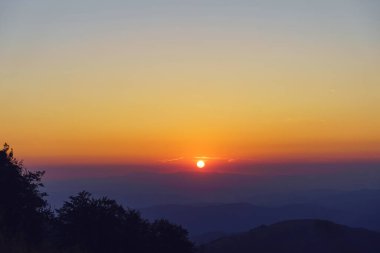 Gün doğumunda ya da batımında dağ manzarası - Orman ve gökyüzü ile kaplı tepelerin sisli görüntüsü - özgürlük doğa turizm merkezi kavramı - stara planina Sırbistan 'daki Eski Dağ