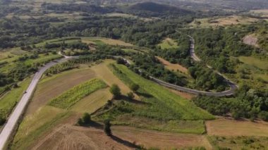 Yol üzerindeki kavis üzerinde yükselen hava aracı görüntüsü çevresindeki ağaçlar ve tarlalar ve araçlar - seyahat ve doğa özgürlüğü ulaşım kavramı