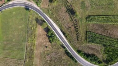 Aşağıya doğru inen hava aracı yolu eğrisi üzerinde ağaçlar ve tarlalar etrafını sarmış ve araçlar sürüyordu - seyahat ve doğa özgürlüğü ulaşım kavramı 