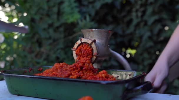 Close Outdoor Female Hand Grinder Mill Vegetables Making Papryka Baked — Wideo stockowe