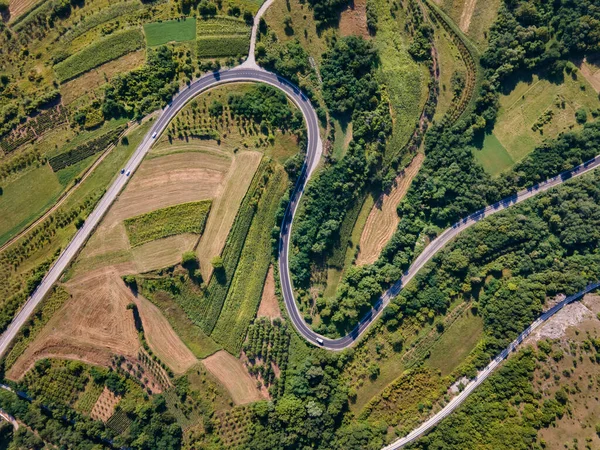 Aerial view top down from above on the country road in mountain range agriculture fields between green grass and trees around - nature travel concept drone photo Europe Serbia in autumn or summer day