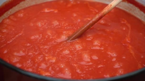 屋外で調理しながら ホットケチャップやトマトソースやスープを攪拌木製のスプーンで大きな鍋に閉じます 伝統的なレシピ有機食品の概念を自家製 — ストック動画