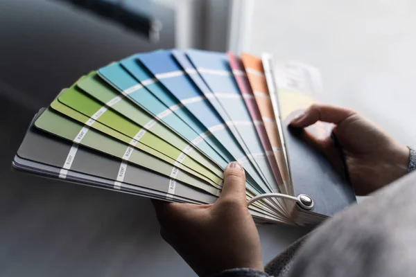 Close Hands Unknown Female Person Holding Color Palette Home Apartment — Stock Photo, Image