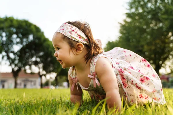 夏または秋の日に畑でドレスを着て草の上に座っている1人の小さな白人の赤ん坊の女の子は 楽しいクロールを楽しんで笑っています 子供時代のコンセプト — ストック写真
