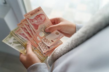 Bilinmeyen Kafkas kadınlarının ellerinde bir yığın para tutarken ve sayarken Sırp dinarı RSD banknotları maaş artışlarını sayarken ya da faturaları ödemeye hazırlanırken.