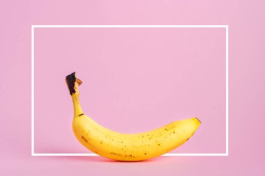 Fresh yellow ripe banana on pink background with white frame copy space clipart