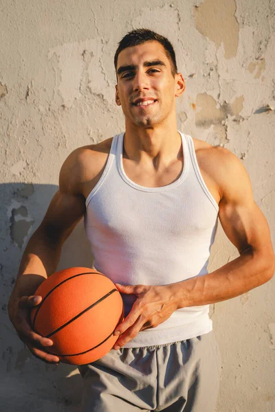 One Young Caucasian Man Male Athlete Stand Outdoor Hold Basketball — Stock Photo, Image