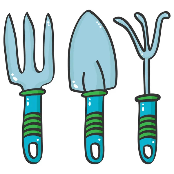 Outils Jardinage Cultivateur Vert Bleu Truelle Illustration Vectorielle Weed Fork — Image vectorielle