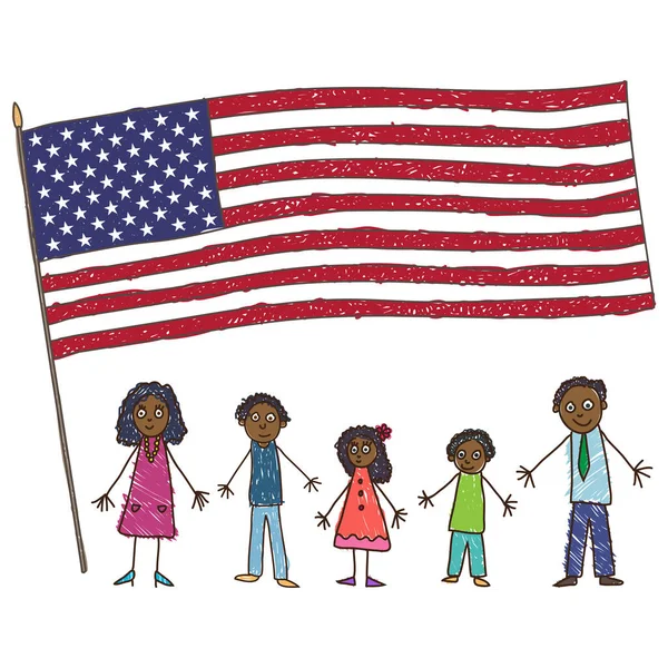 Çocuklar resim çiziyor. Babası, annesi, iki oğlu ve kızı olan Afro-Amerikan ailesi Birleşik Devletler vekil ilüstrasyonunun bayrağı altında duruyor.