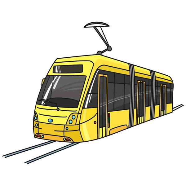 Moderno Tranvía Amarillo Piso Bajo Con Pantógrafo Las Pistas Vector — Vector de stock