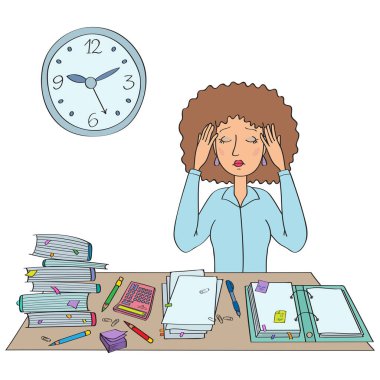 Ofis karakter çiziminde saatin altında klasörler, kağıtlar, hesap makinesi, çıkartmalar, kalemler ve kalemle masadaki üzgün kadın yorgun.