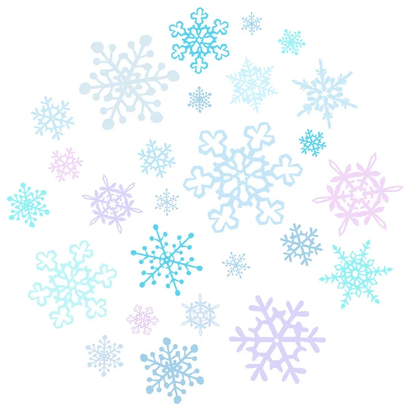 白い背景のベクトル図の円の中に多くの異なる雪片が配置されています — ストックベクタ