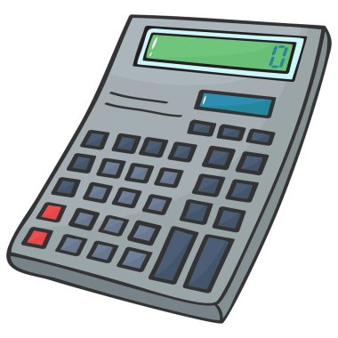 Gri elektronik cep hesap makinesi, yedi bölümlük sıvı kristal ekran ve güneş pili çizimi ile.