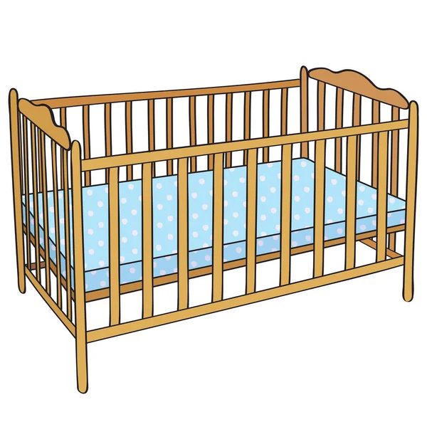 Klasik Kahverengi Ahşap Bebek Beşiği Mavi Benekli Yatak Örtüsü Çizimi — Stok Vektör