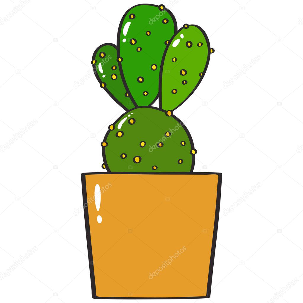 Live Cute Green Opuntia, house plant in yellow pot vector illustration