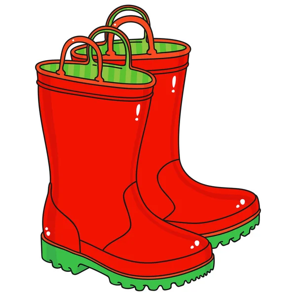 Pair Red Rubber Wellington Boots Kids Green Sole Vector Illustration — Stock Vector