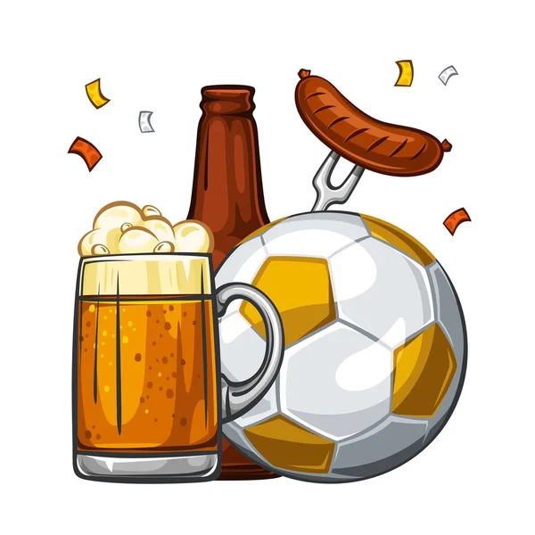 Vector colorful illustration of yellow soccer ball with beer. Soccer ball with glass of light beer with sausage and brown bottle, isolated on white background 1.1