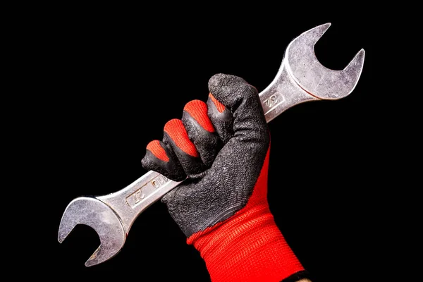 Hand Protective Gloves Holding Wrench Tool Isolated Black Background Mechanical — Stock Photo, Image