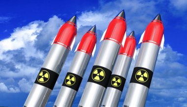 Birçok nükleer kıtalararası roket ve arka planda gökyüzü, roket atış için hazır. 3D çizim