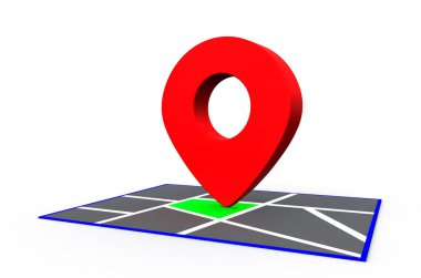 Harita üzerinde kırmızı harita noktası PIN işareti. 3D render