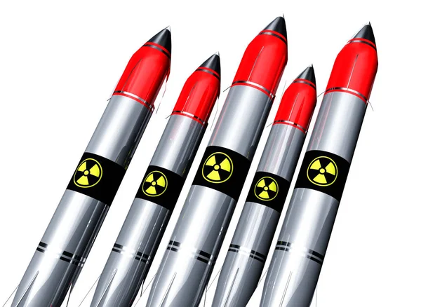 Beyaz arka planda, atış için hazır izole birçok nükleer roket. 3D çizim