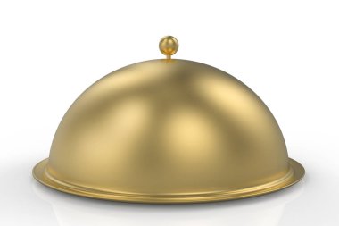 Golden Restoran Cloche plaka üzerinde beyaz yansıtıcı resepsiyon. 3D çizim