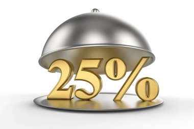 Restoran cloche altın işareti kapalı beyaz arka plan üzerinde yüzde 25 ile. 3D çizim