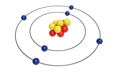 Proton, nötron ve elektron karbon Atom Bohr modeli. Bilim ve kimyasal 3d illüstrasyon kavramı