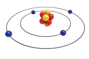 Proton, nötron ve elektron berilyum Atom Bohr modeli. Bilim ve kimyasal 3d illüstrasyon kavramı