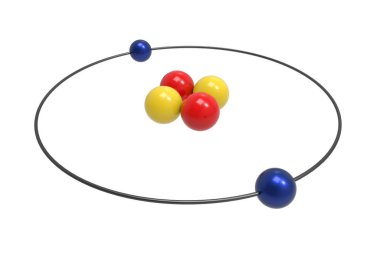 Proton, nötron ve elektron helyum Atom Bohr modeli. Bilim ve kimyasal 3d illüstrasyon kavramı