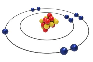 Proton, nötron ve elektron Flor Atom Bohr modeli. Bilim ve kimyasal 3d illüstrasyon kavramı