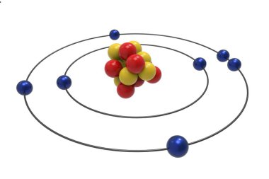 Proton, nötron ve elektron azot atomu Bohr modeli. Bilim ve kimyasal 3d illüstrasyon kavramı