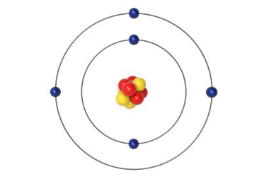 Proton, nötron ve elektron ile bor Atom Bohr modeli. 3D çizim