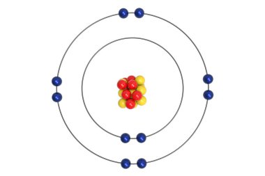 Proton, nötron ve elektron ile neon Atom Bohr modeli. 3D çizim