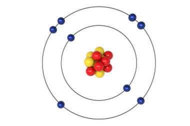 Proton, nötron ve elektron ile oksijen Atom Bohr modeli. 3D çizim
