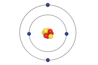 Proton, nötron ve elektron berilyum Atom Bohr modeli. 3D çizim