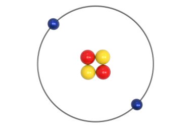 Proton, nötron ve elektron helyum Atom Bohr modeli. 3D çizim