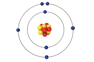 Proton, nötron ve elektron ile azot Atom Bohr modeli. 3D çizim