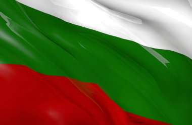 Rüzgarda sallayarak Bulgaristan ülke bayrağı. Yakın çekim. 3D render