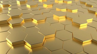 Altın petek altıgen fütüristik yüzey. 3D çizim