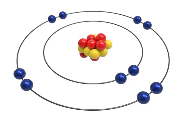 Proton, nötron ve elektron ile Neon Atom Bohr modeli. Bilim ve kimyasal 3d illüstrasyon kavramı