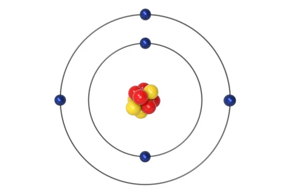 Proton, nötron ve elektron ile bor Atom Bohr modeli. 3D çizim