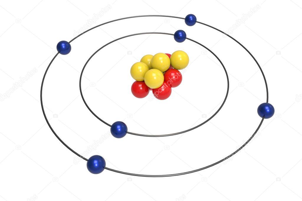 Bohr model of Carbon Atom with proton, neutron and electron. Science and chemical concept 3d illustration